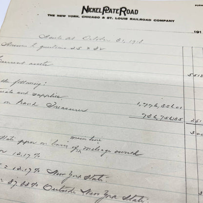 1918 New York, Chicago & St Louis Railroad Co. Nickel Plate Rd Ledger Sheet AA9