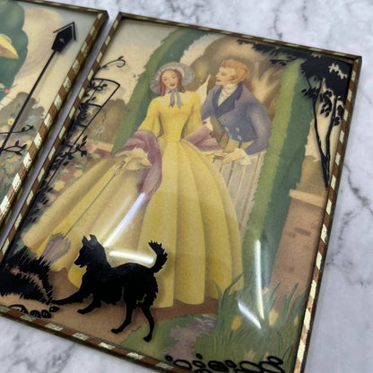 Vtg Pair of Reverse Painted Silhouettes Convex Glass Dog Romantic Couple 4x5 TE3