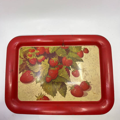 1940s Toleware Tin Enamel Strawberry Dinner Tray Set OF 4 - 17.5 x 13 TH2-3