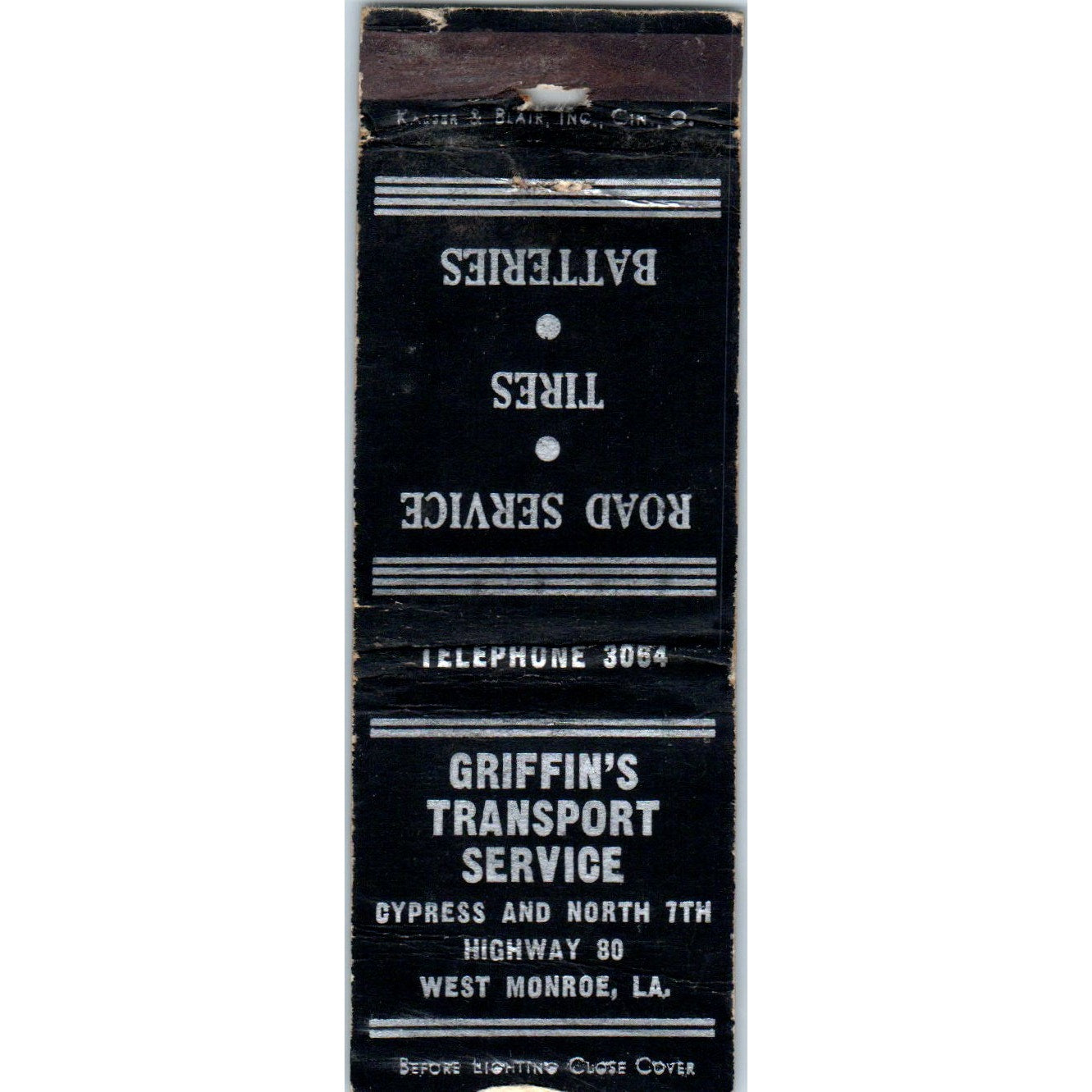Griffin's Transport Service West Monroe LA Advertising Matchbook Cover MM9-8