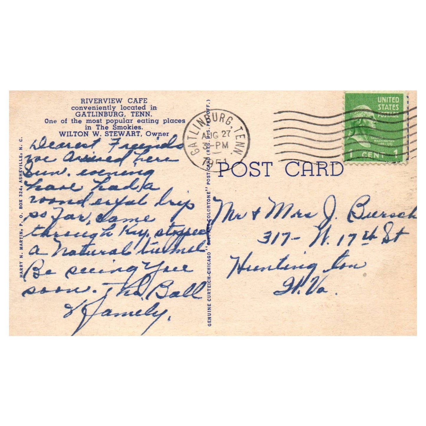 Riverview Cafe Gatlinburg Tennessee Wilton W. Stewart 1951 - Postcard TJ8-2