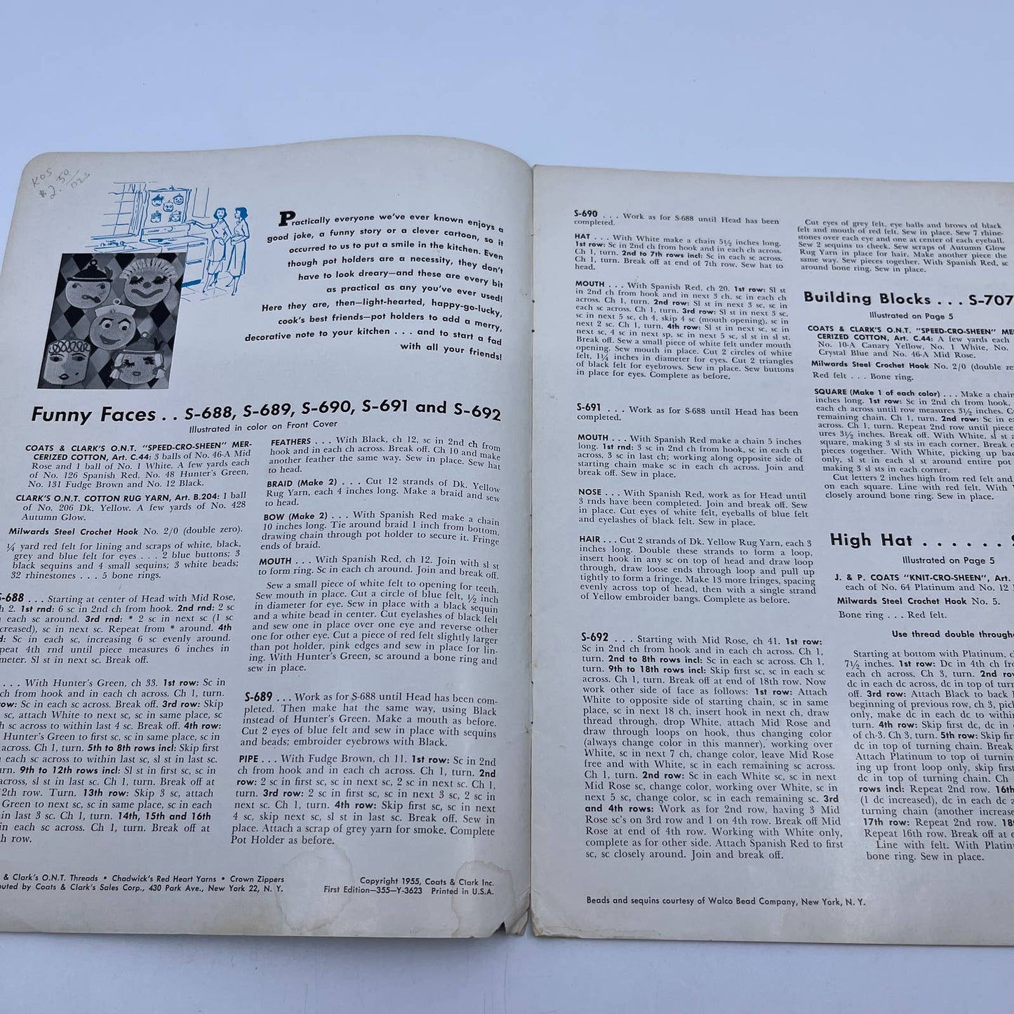 1955 Coats & Clark's Crochet pattern Book #312 Anthropomorphic Potholders TH7