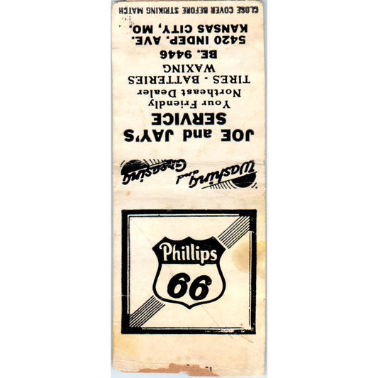 Joe & Jay's Service Phillips 66 Kansas City Advertising Matchbook Cover SA9-M11