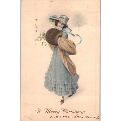 Antique Victorian Postcard French Woman in the Blue Dress and Fur Muff SE4