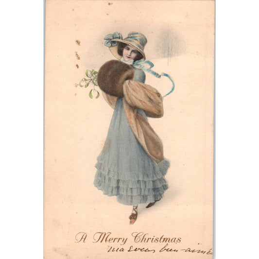 Antique Victorian Postcard French Woman in the Blue Dress and Fur Muff SE4