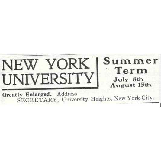 New York University Summer Term University Heights NYC 1903 Original Ad AK5-S35