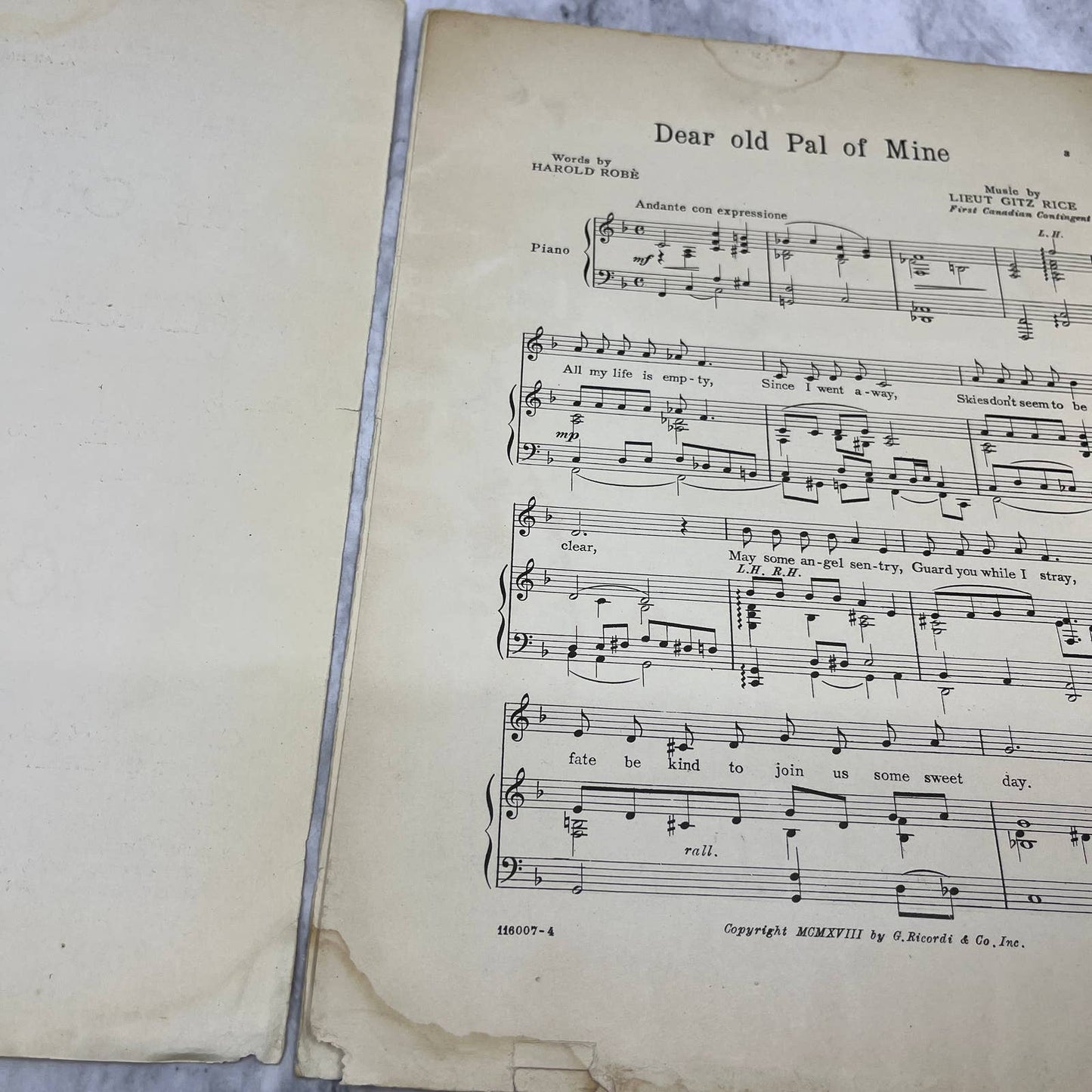 Dear Old Pal of Mine Gitz Rice Harold Robe WWI 1918 Sheet Music TK2-SM3