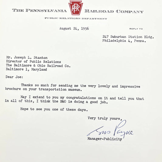 1956 Pennsylvania Railroad Co Public Relations Department Letterhead Memo AB8