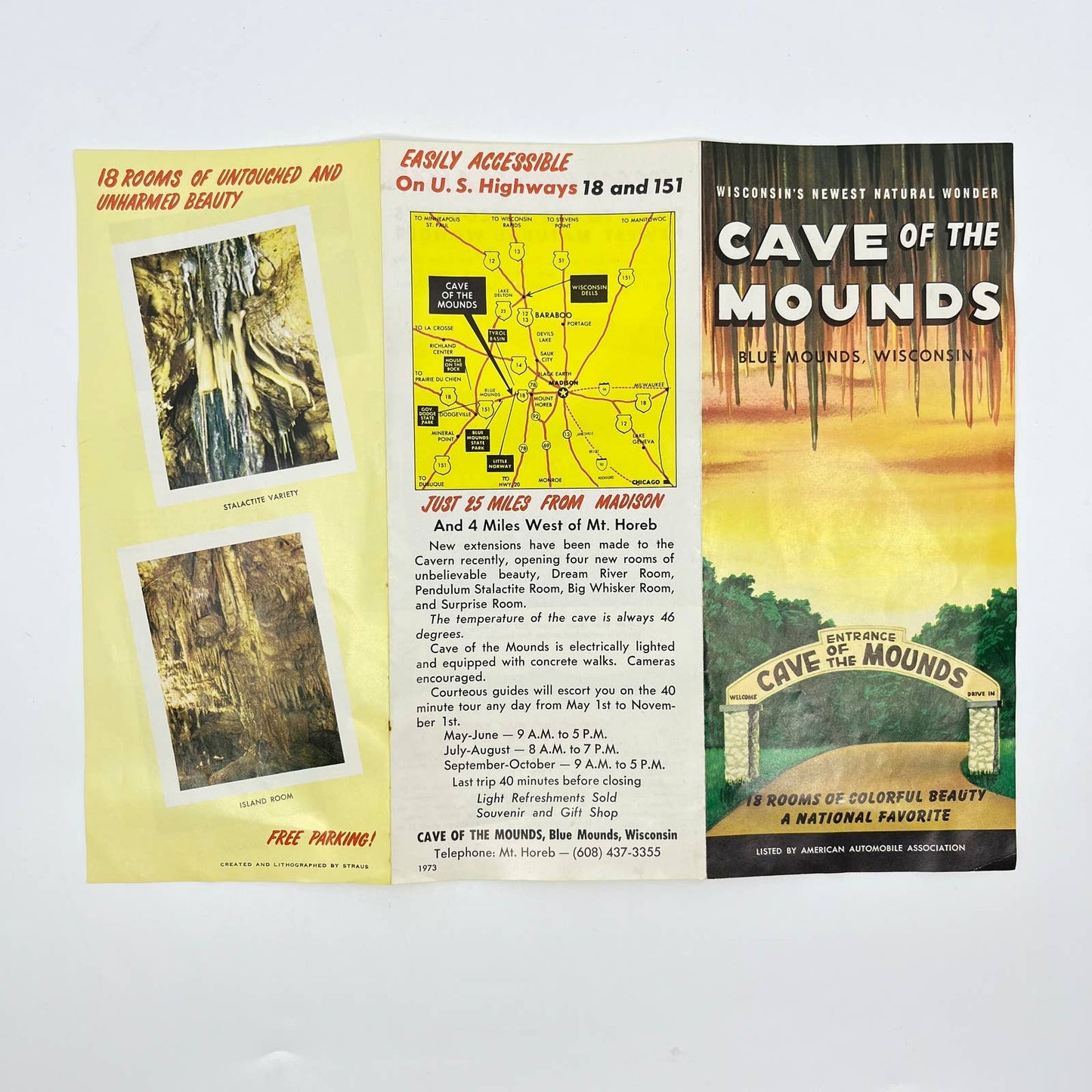 1973 Cave of the Mounds Travel Brochure Blue Mounds Wisconsin Madison Area SC6