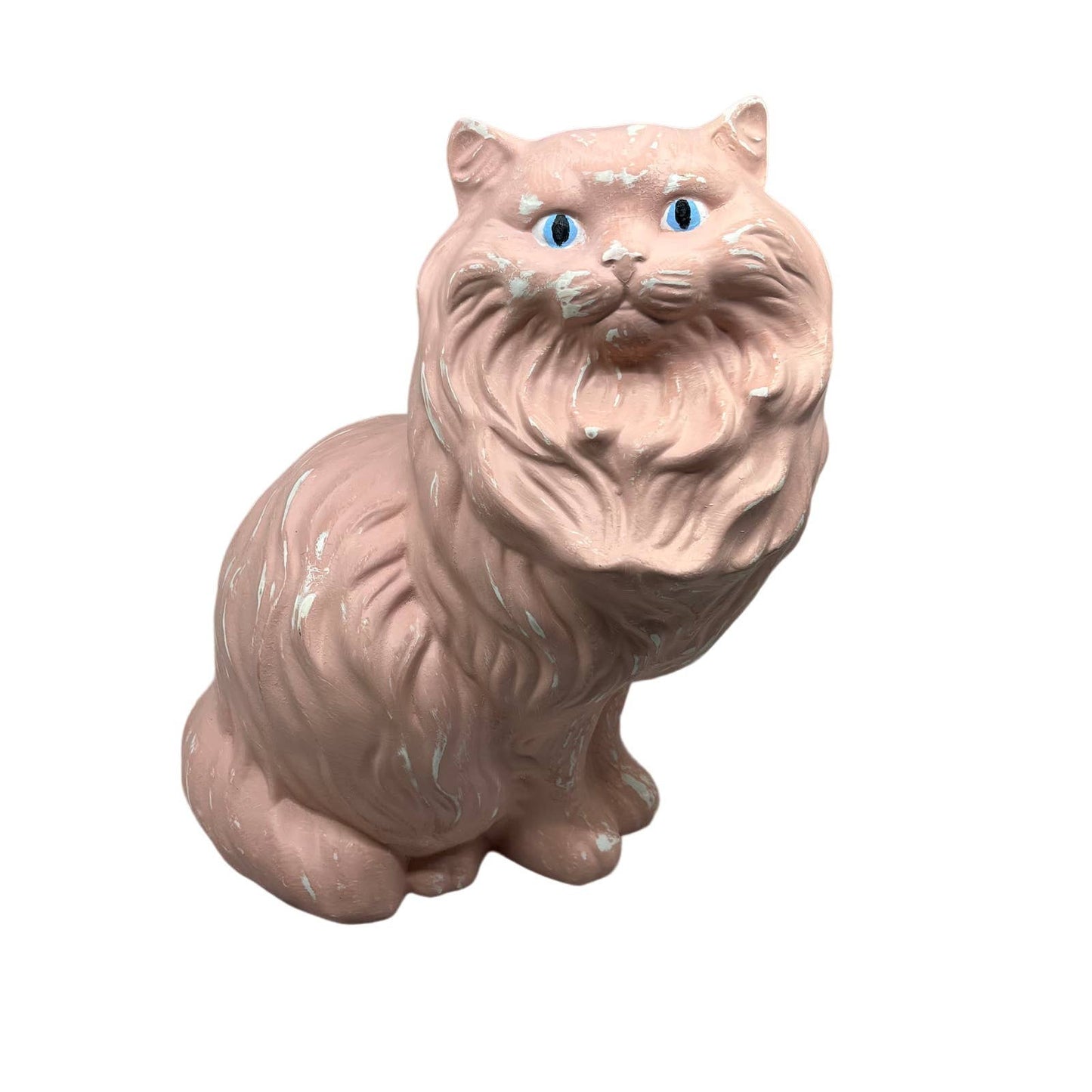 Vtg Hand Painted Lifesize Ceramic PINK Blue Eyes Fluffy Persian Cat Statue 14”