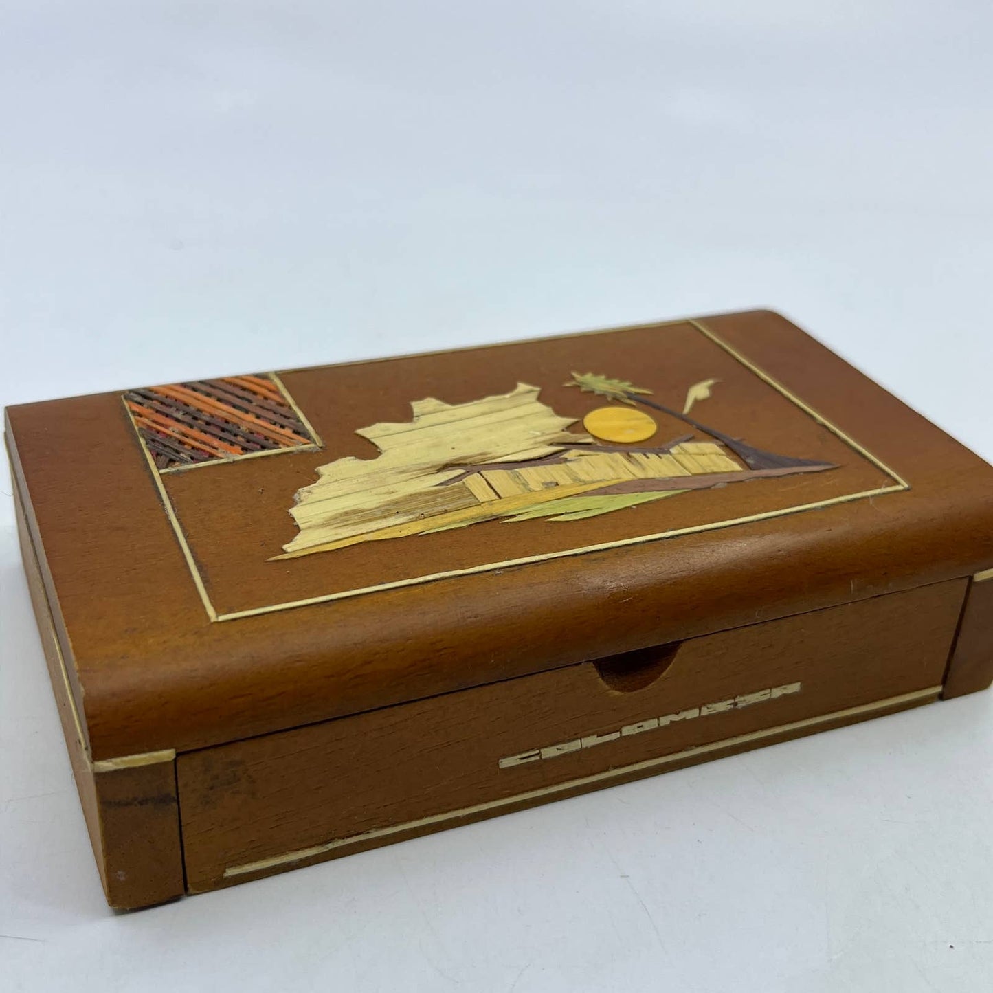 Vintage Handmade Wooden Trinket  Box Art Inlays 5” Wood Colombo 5x3" TH7