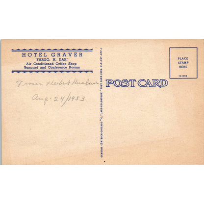 Hotel Graver Fargo North Dakota 1953 - Original Postcard TJ7-RP2