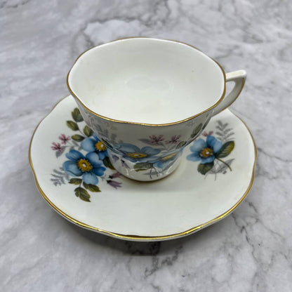 Vintage Royal Dover Bone China Cup & Saucer Blue Flowers, Made in England TA7