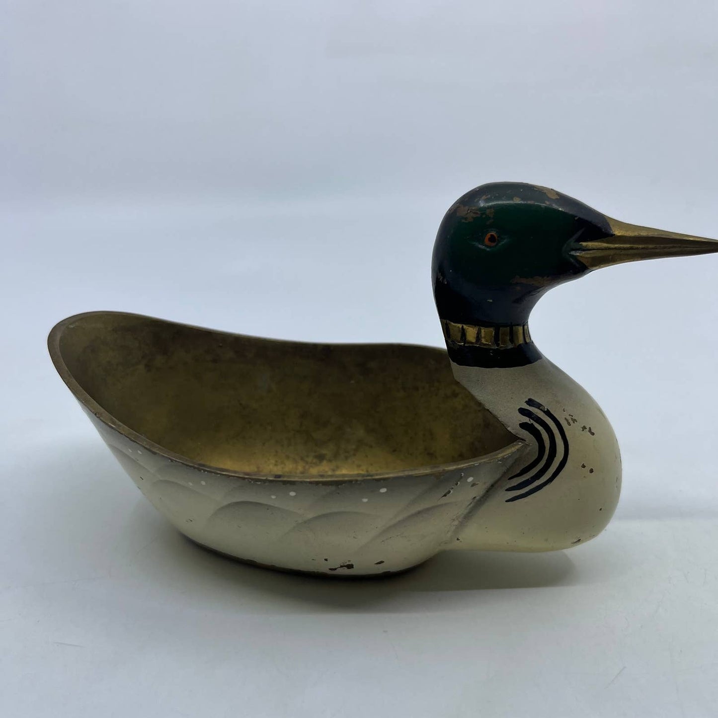 Vtg MCM Hand Painted Solid Brass Mallard Duck Brass Trinket Candy Dish 7" TH8-2