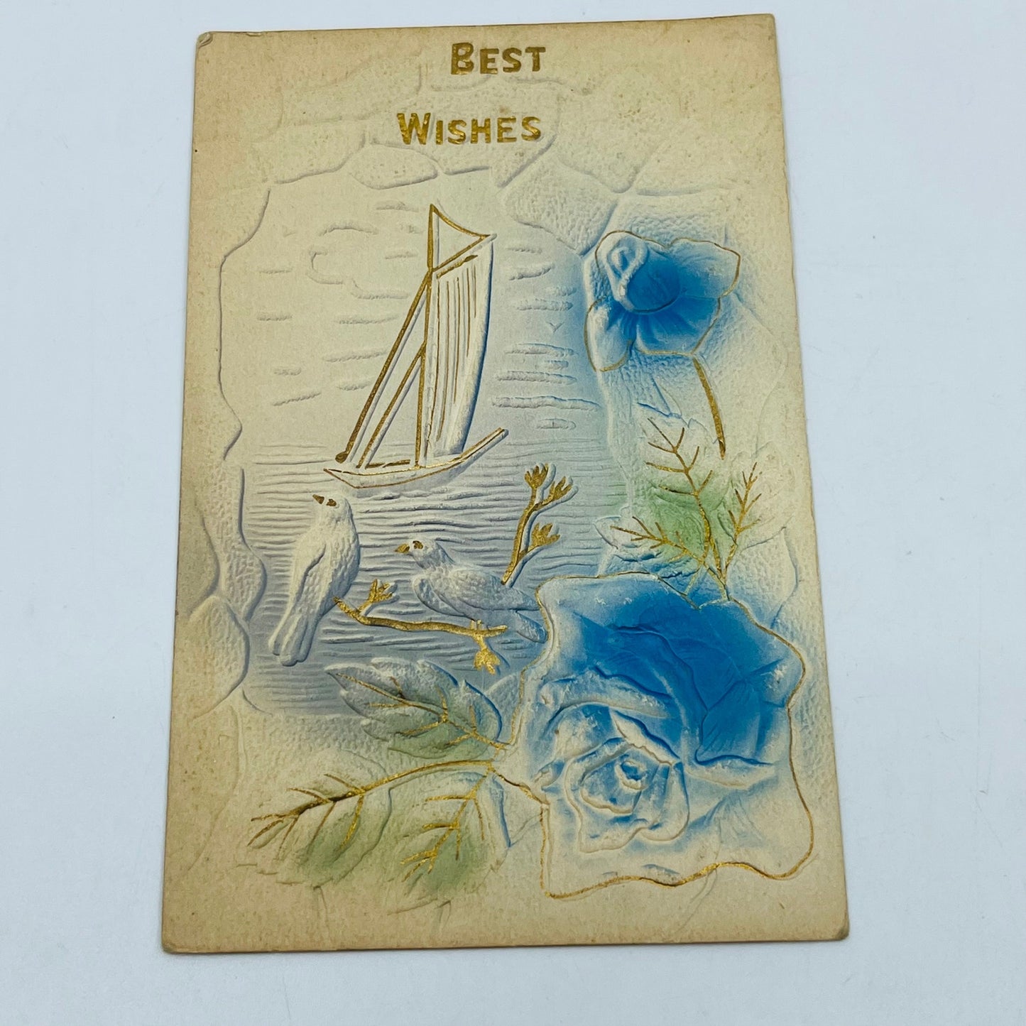 1910s Post Card Embossed Airbrushed Sailboat Doves Roses Best Wishes PA6