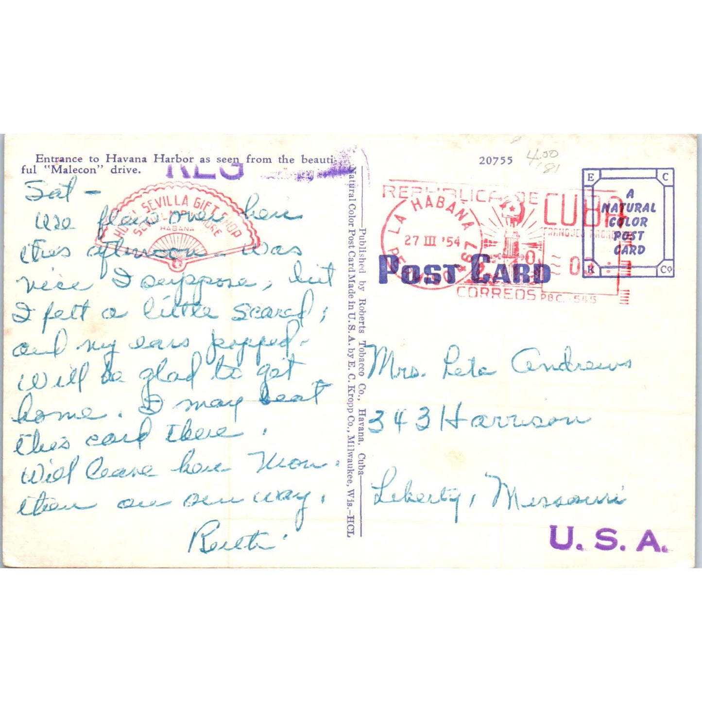 Entrance to Havana Harbor 1954 Havana Cuba Original Postcard TK1-P16