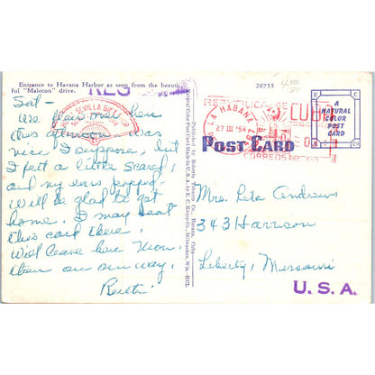 Entrance to Havana Harbor 1954 Havana Cuba Original Postcard TK1-P16