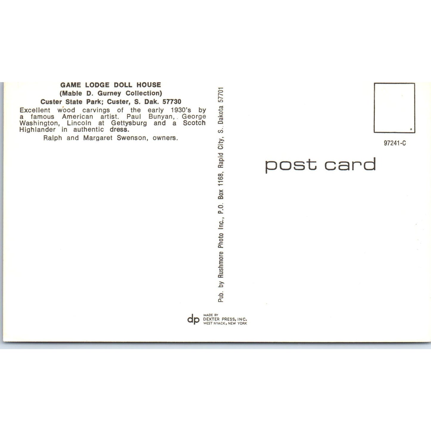 1930s Wood Carved Dolls of Famous Americans Game Lodge Doll House Postcard PB10