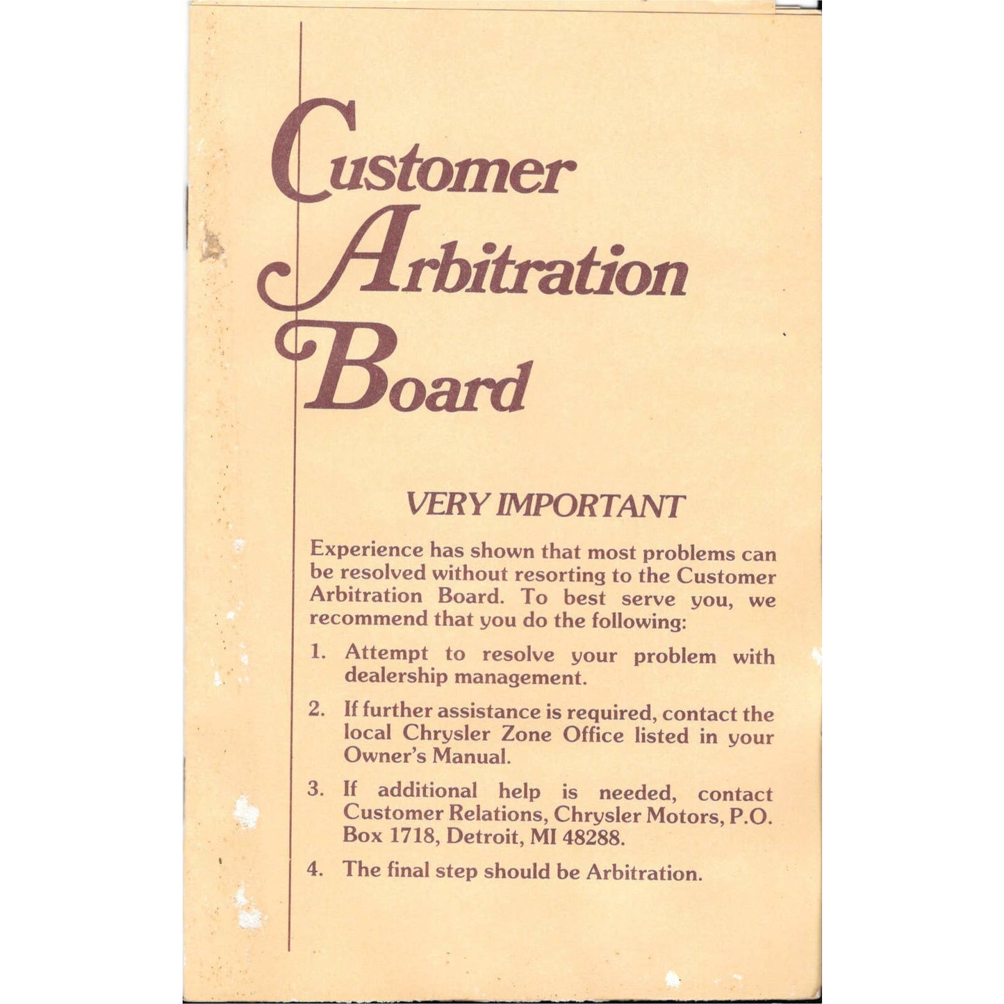 1980s Chrysler Customer Arbitration Board Information Booklet Pamphlet TJ7