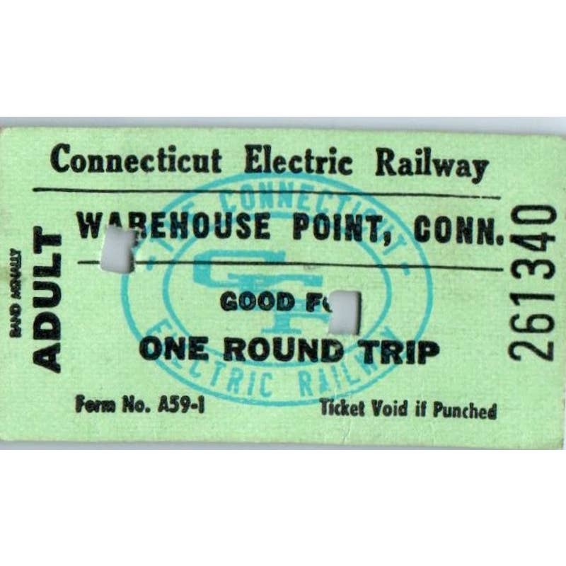 Vintage Connecticut Electric Railway Warehouse Point Adult Round Trip Ticket SE5
