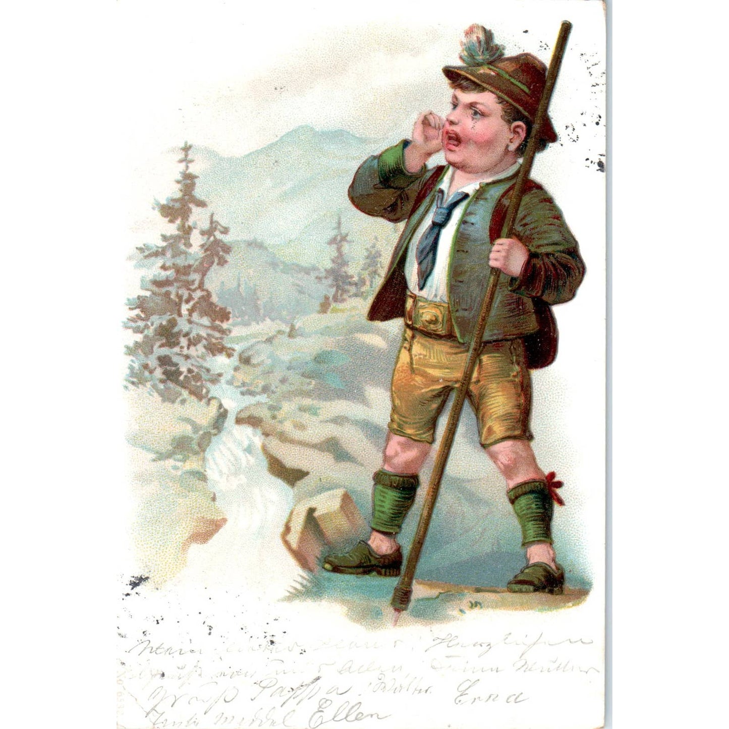 1899 German Boy in Lederhosen Hiking In the Mountains Original Postcard TK1-21