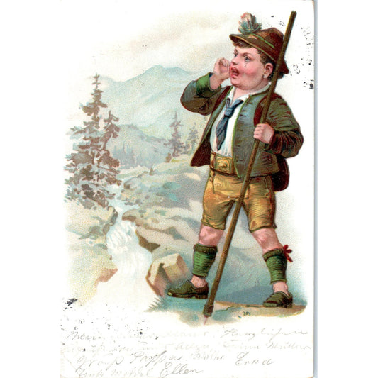 1899 German Boy in Lederhosen Hiking In the Mountains Original Postcard P2-1