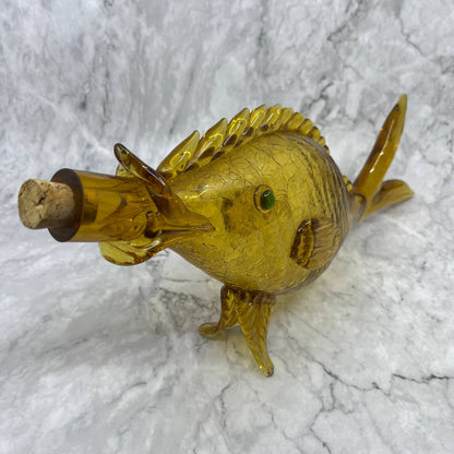 1960s MCM Hand-Blown Golden Honey Amber Crackle Glass Fish Decanter 17.5” TB4