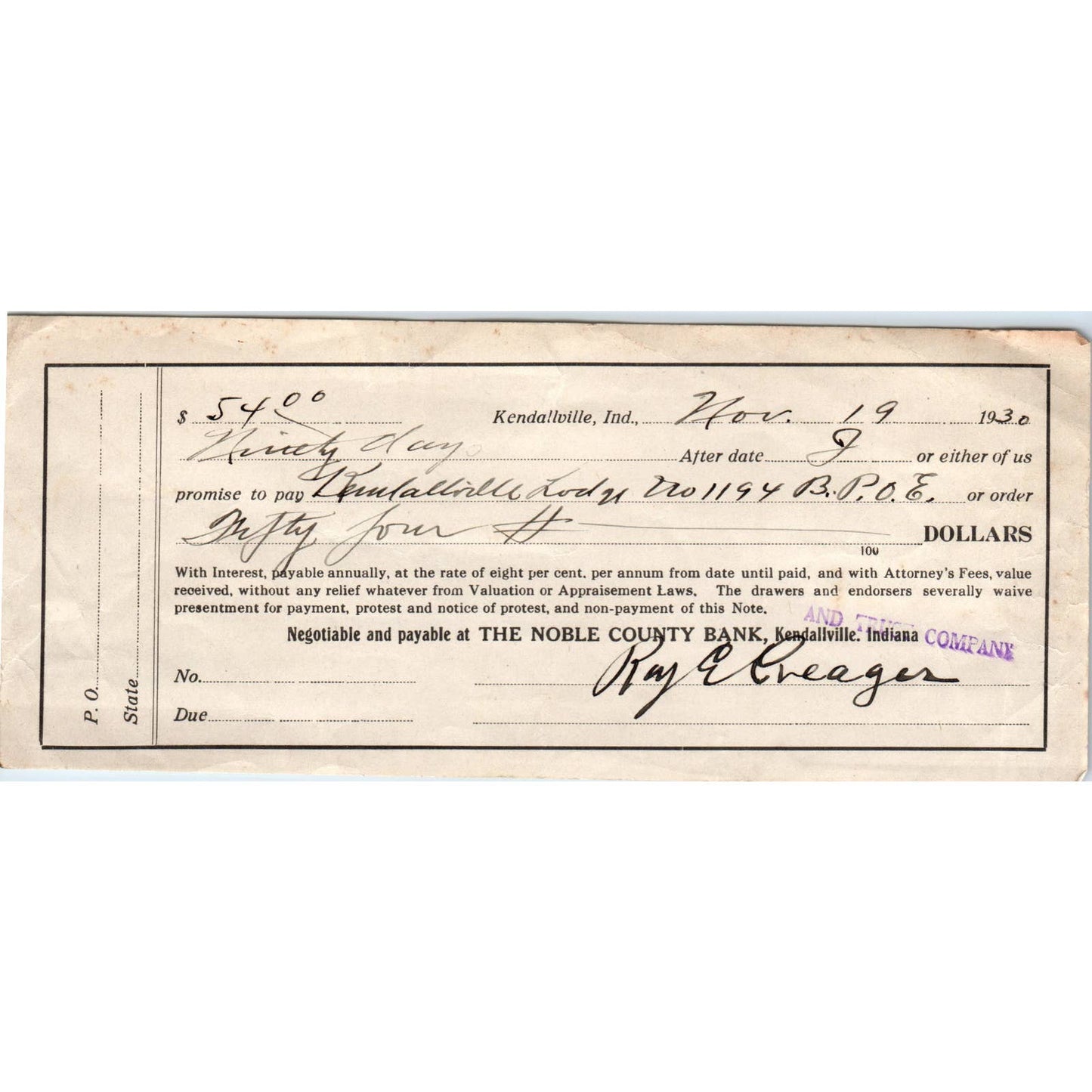 1930 The Noble County Bank Check Ray E. Creager Kendallville IN AD8