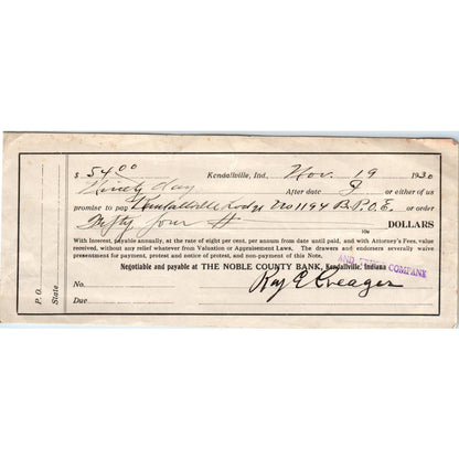 1930 The Noble County Bank Check Ray E. Creager Kendallville IN AD8
