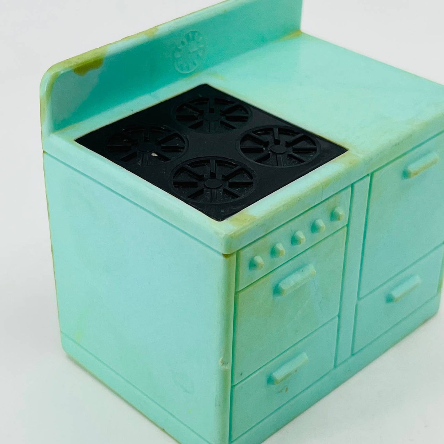 Vintage RENEWAL Dollhouse Celluloid Teal Kitchen Stove Oven Burner 2.5 x 3” TD2