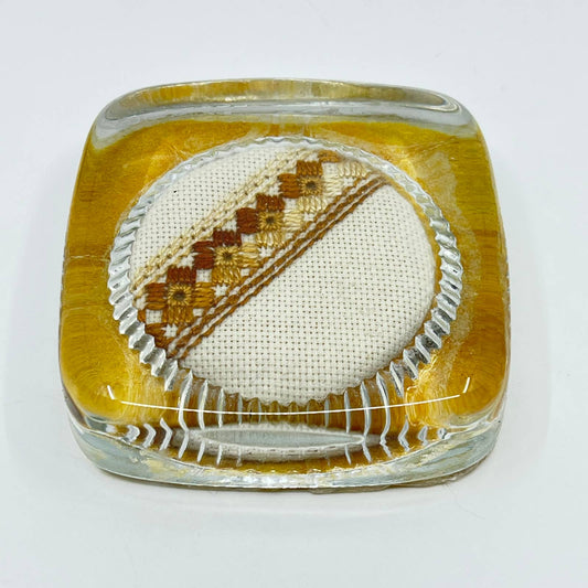 Vintage 1970s Style Earth Tone Cross Stitch Crewel Glass Paperweight TF3