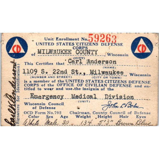 1940s Civil Defense Card Emergency Medical Division Milwaukee WI SE5-3