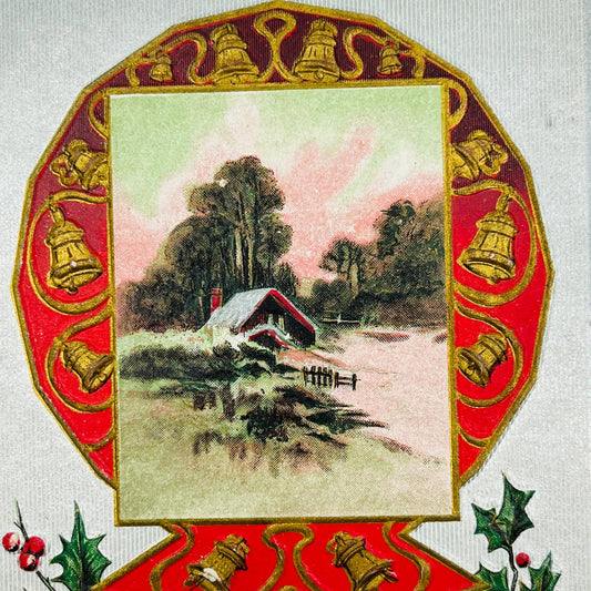 1910s Christmas Post Card Embossed Cottage Holly Sunset Bells Gilt Dresden PA4