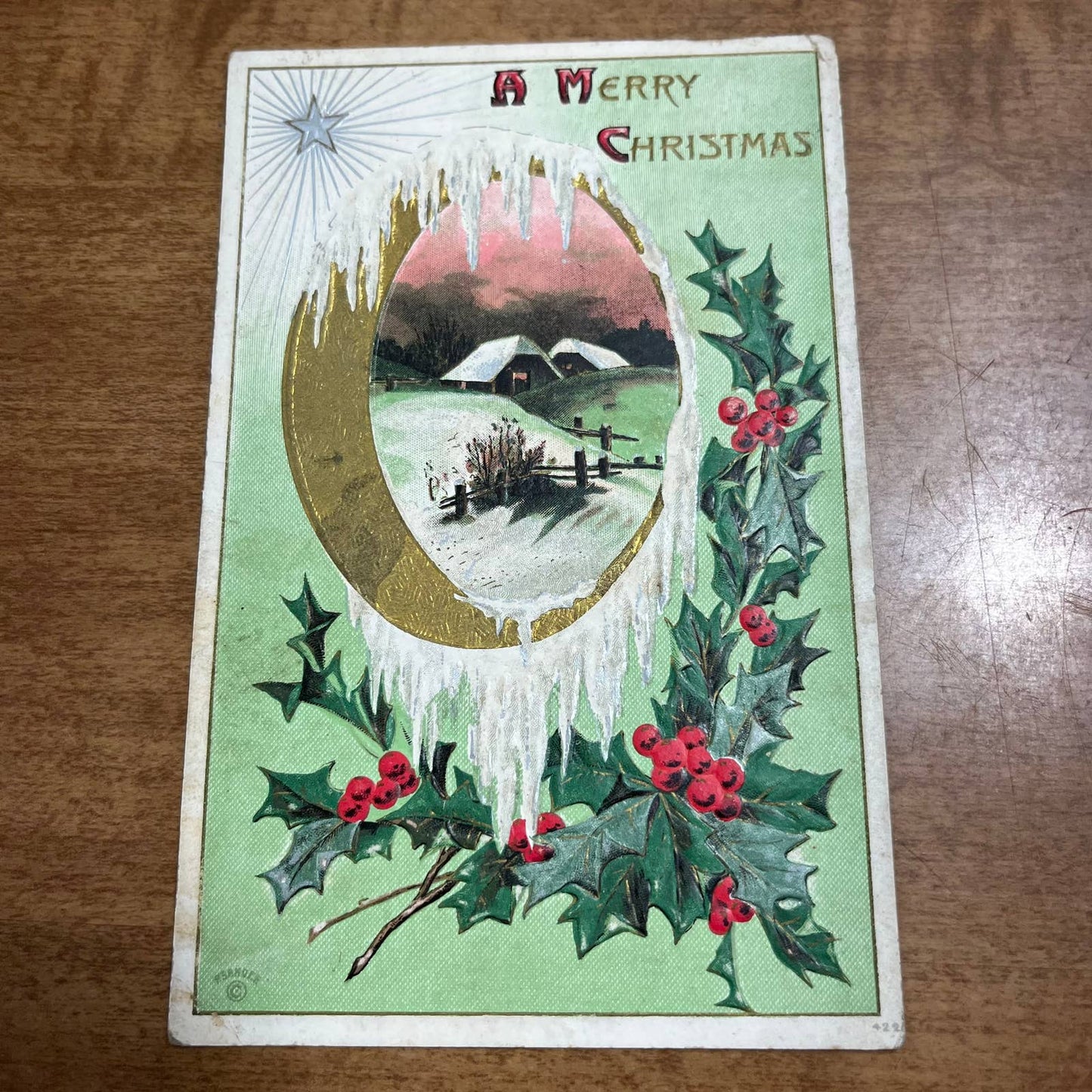 c1910 Embossed Gold Silver Star Holly Country Merry Christmas Postcard PA2