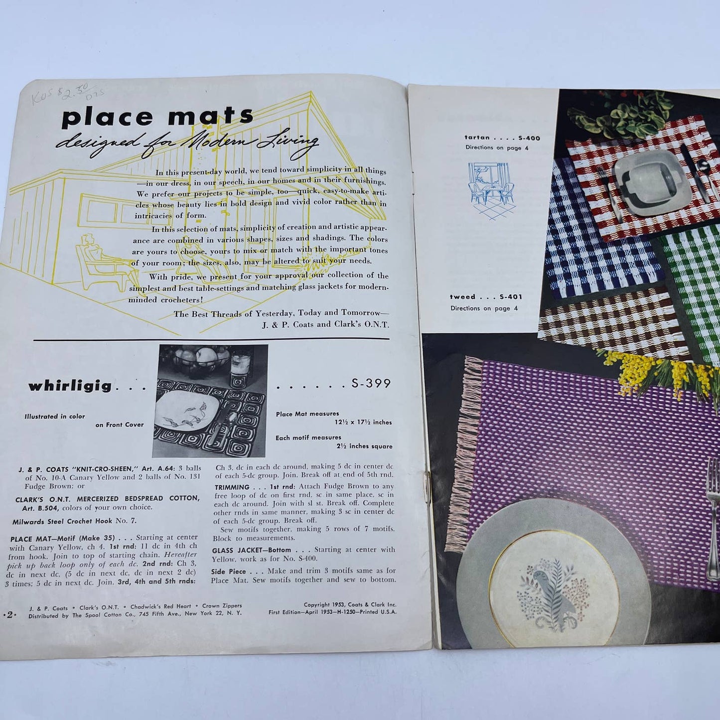 1953 Coats & Clark's Book No.298 Table Magic Place Mats Bottle Cap Crochet TH7