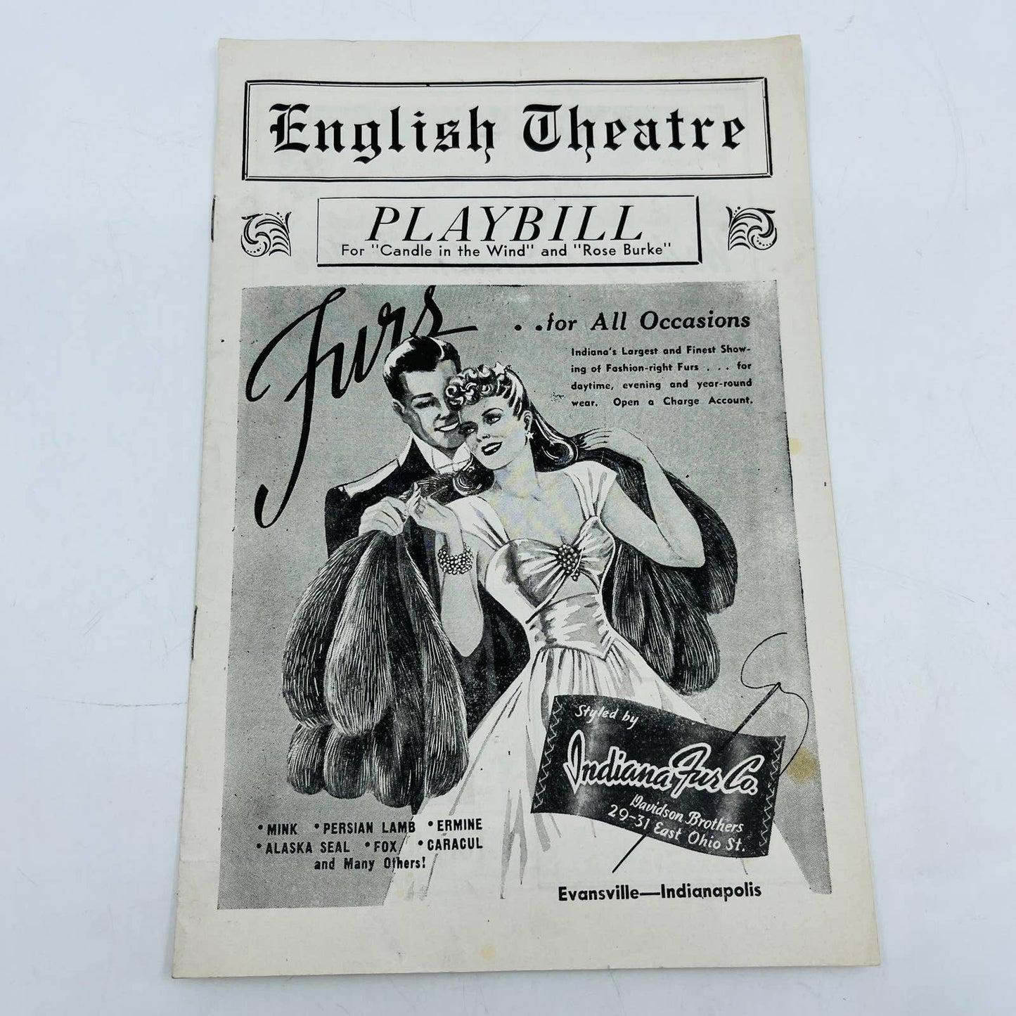 1942 English Theatre Playbill CANDLE IN THE WIND Evansville Indianapolis C4