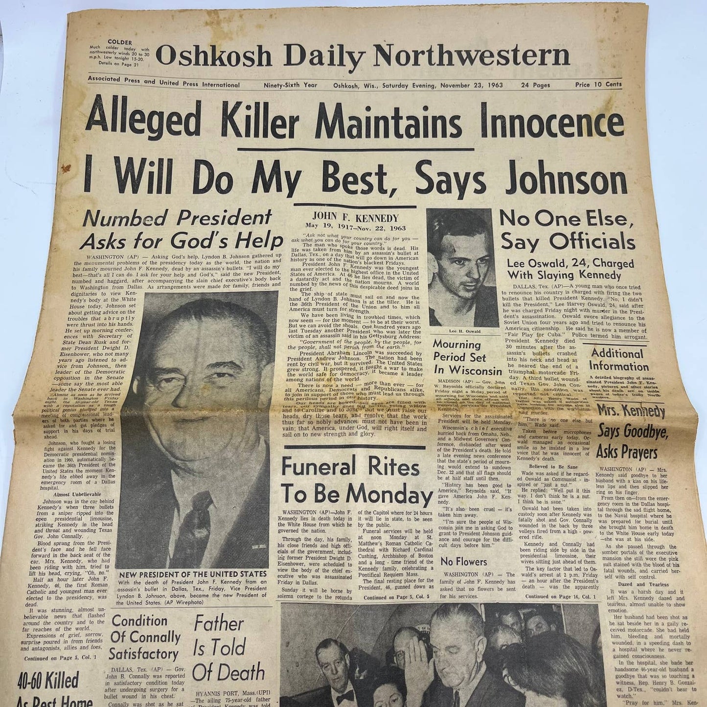 1963 Nov 23 OSHKOSH DAILY NORTHWESTERN Newspaper JFK Assassination TI6-9