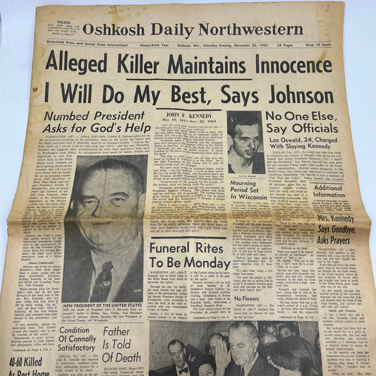 1963 Nov 23 OSHKOSH DAILY NORTHWESTERN Newspaper JFK Assassination TI6-9
