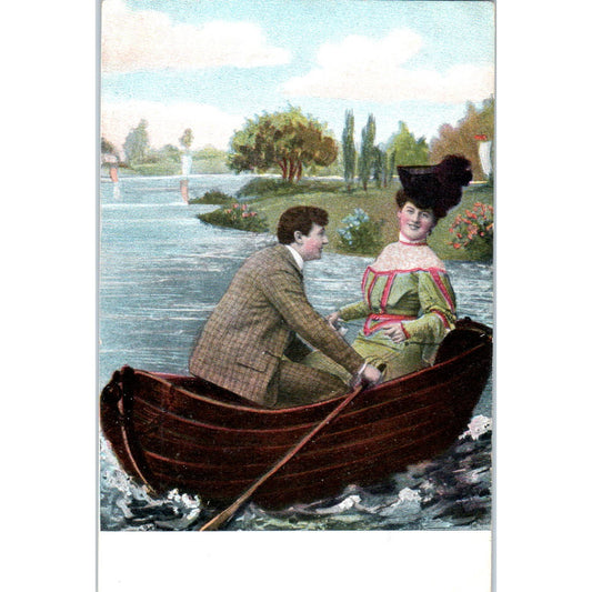Victorian Romance Courting Couple in Rowboat 1910 Original Postcard TK1-21-2