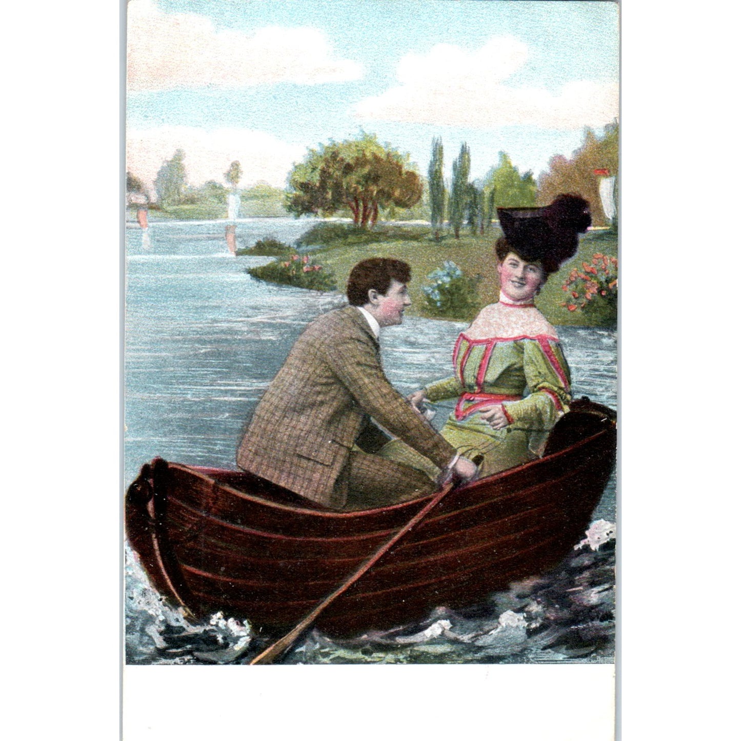 Victorian Romance Courting Couple in Rowboat 1910 Original Postcard P2-1-2