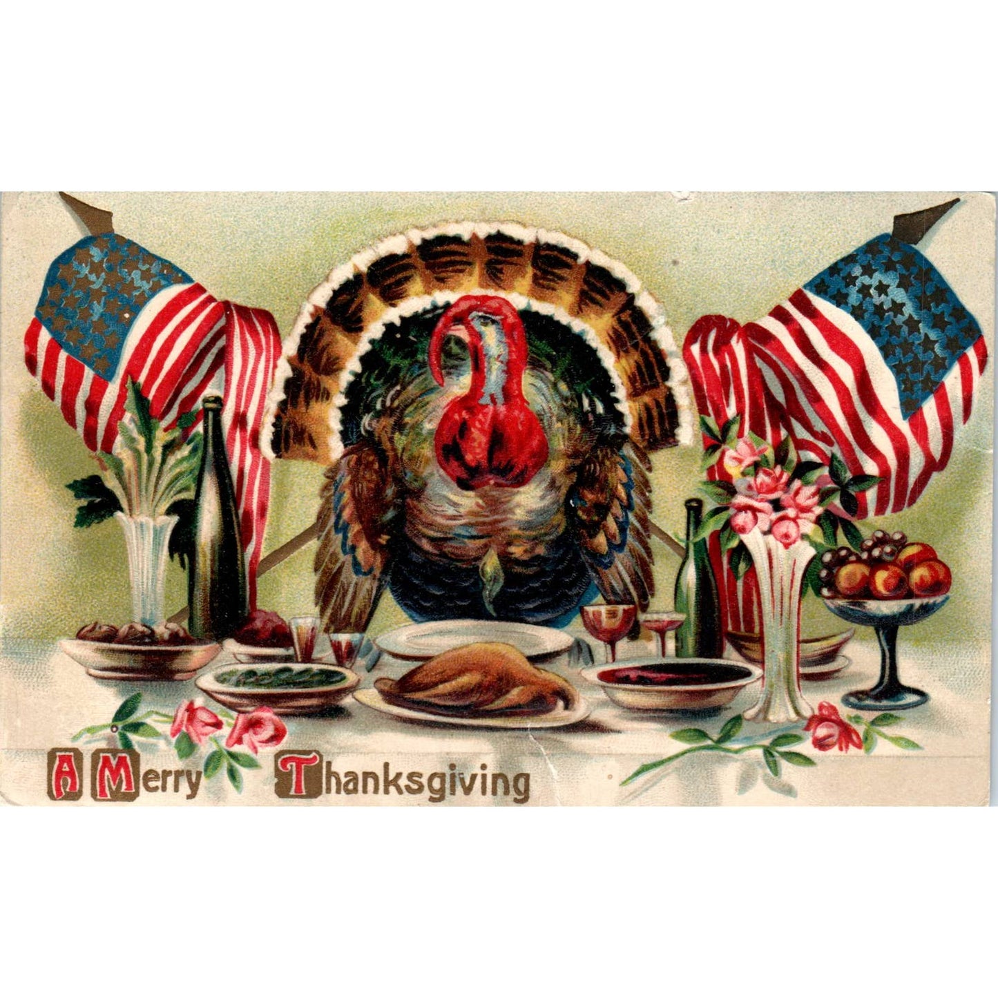 Thanksgiving Embossed Turkey at Dinner Table 1912 Original Postcard TK1-22