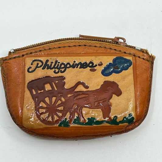 Vintage Hand Painted Leather Philippines Souvenir Coin Purse Horse & Cart SD8