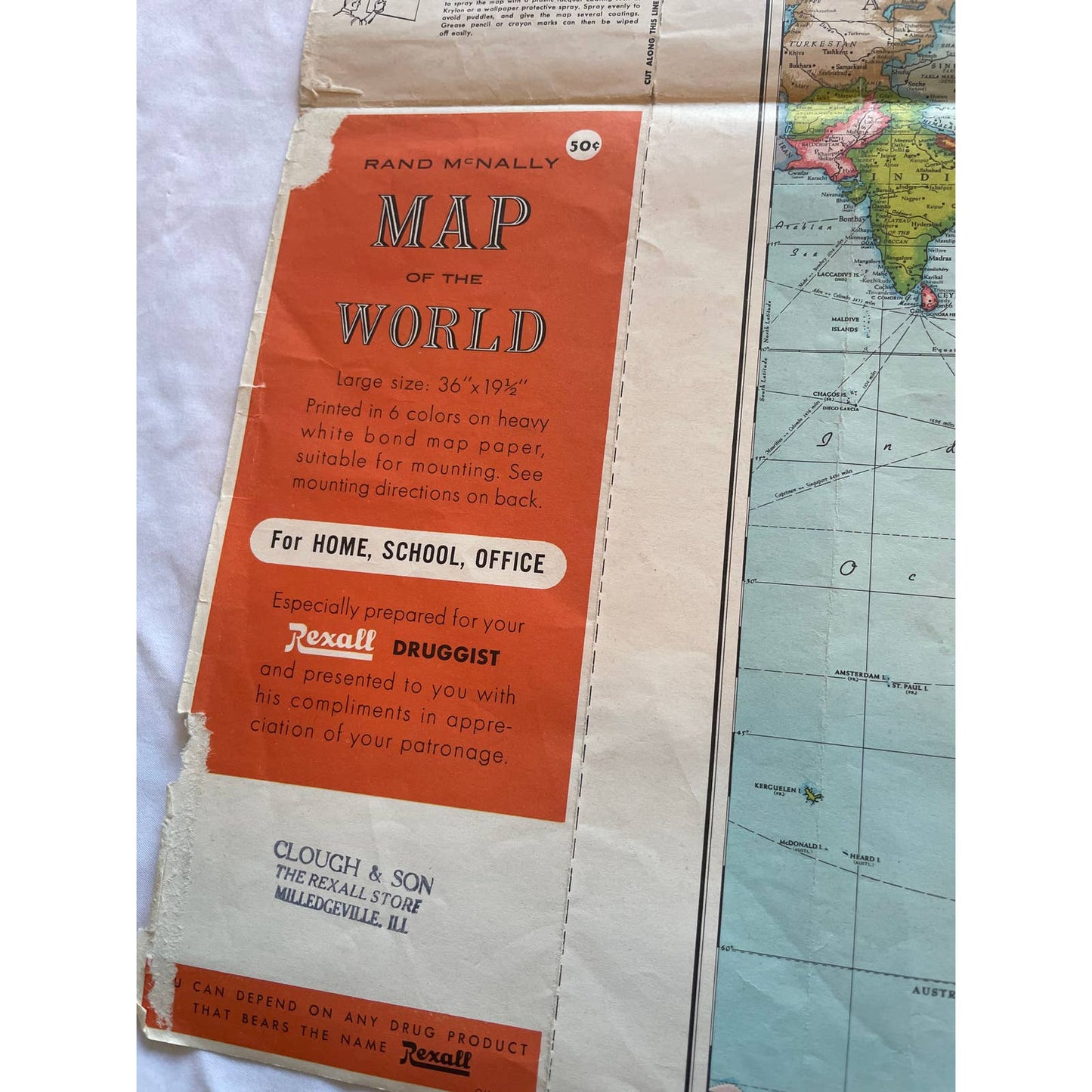 Rand McNally Map of World Rexall Drug Clough & Son Milledgeville IL 36x19 FL3