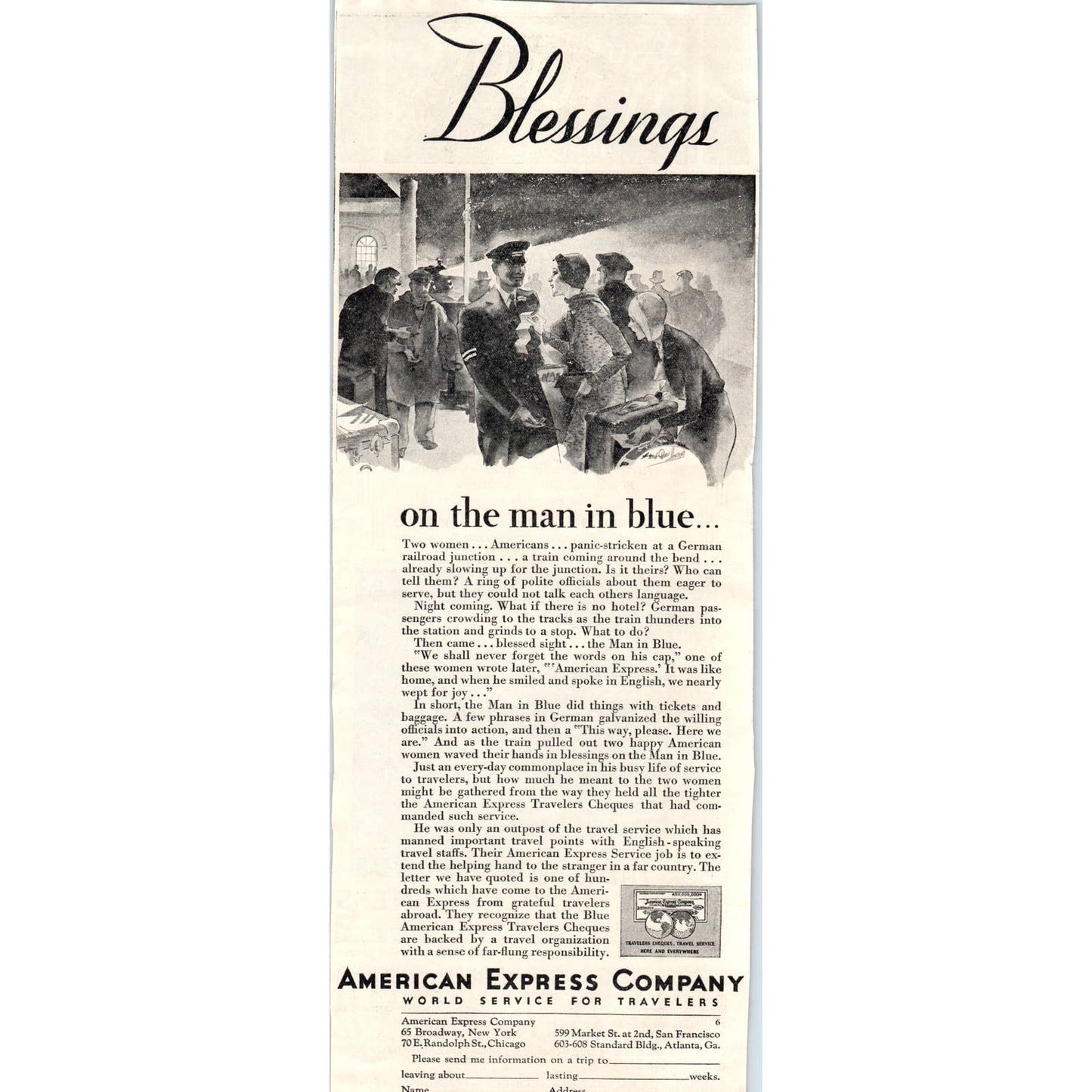 1931 American Express Advertisement Blessings on the Man in Blue ~4.75x12 FL5-1