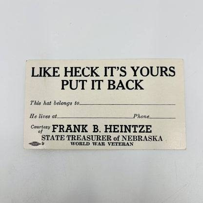 1930s Political Hat Check Card Frank B. Heintze Nebraska State Treasurer SA7