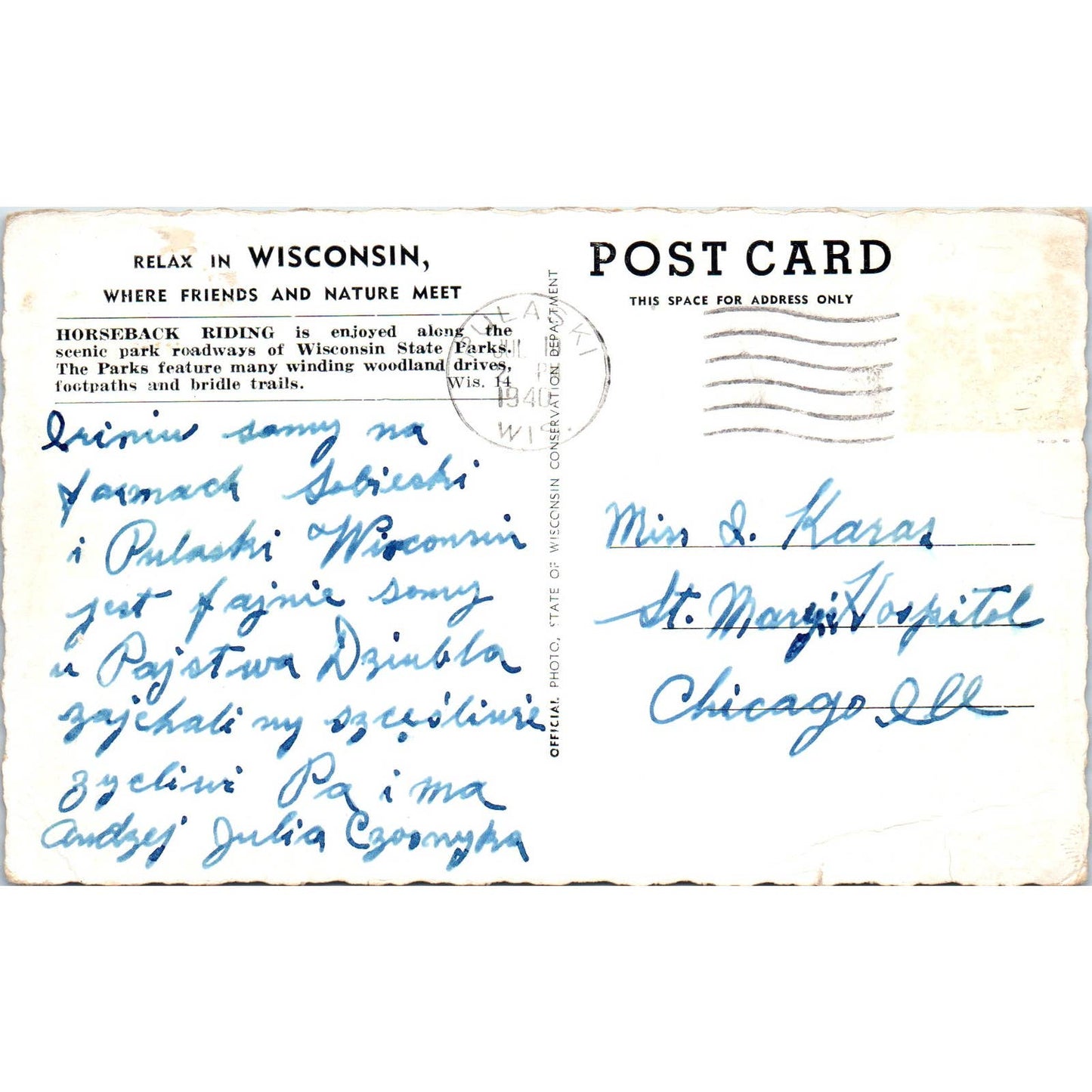 Horseback Riding in Wisconsin 1940 Original Postcard TJ9-P3