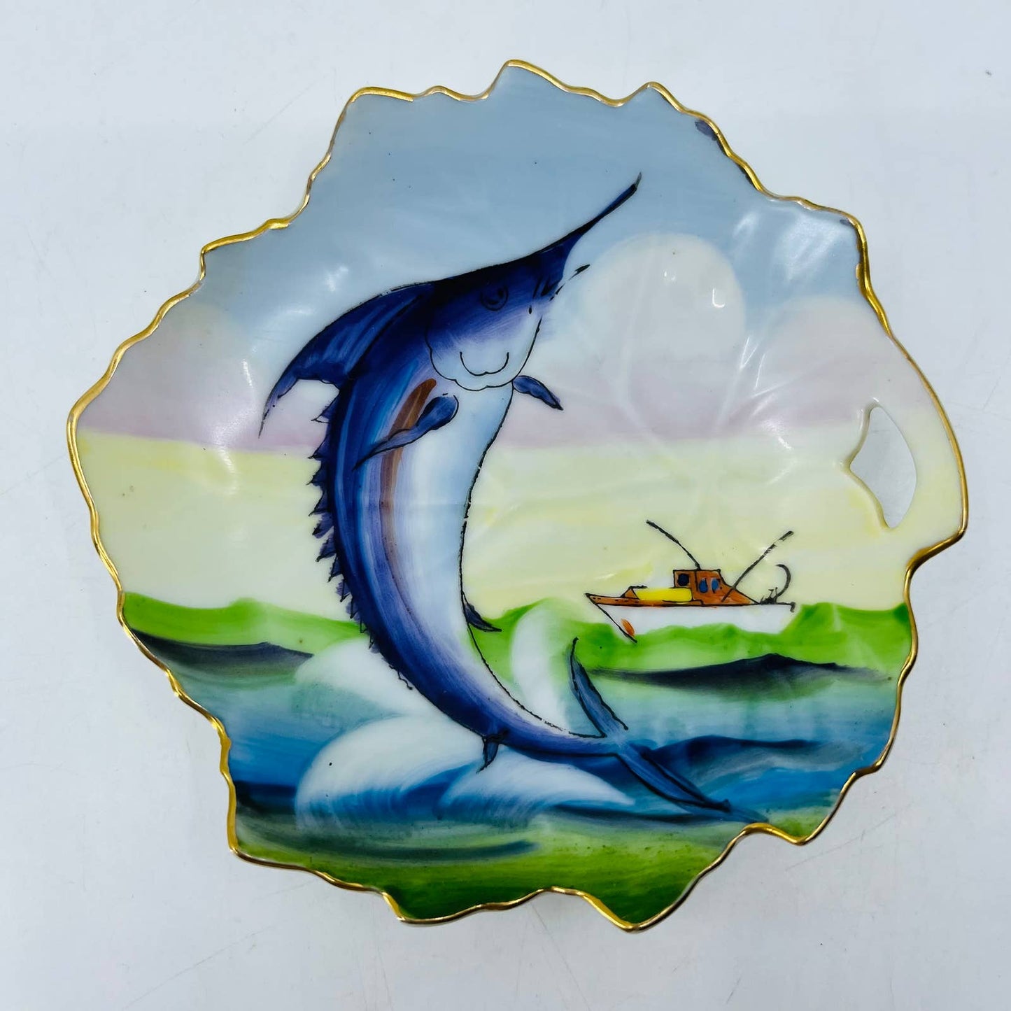 Ceramic Hand Painted Sphinx Japan Marlin Fishing Plate Trinket Dish 5” TC6