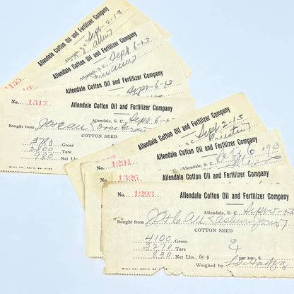 1913 Lot of 8 Billhead Receipts Allendale Cotton Oil and Fertilizer Co. SC AC3