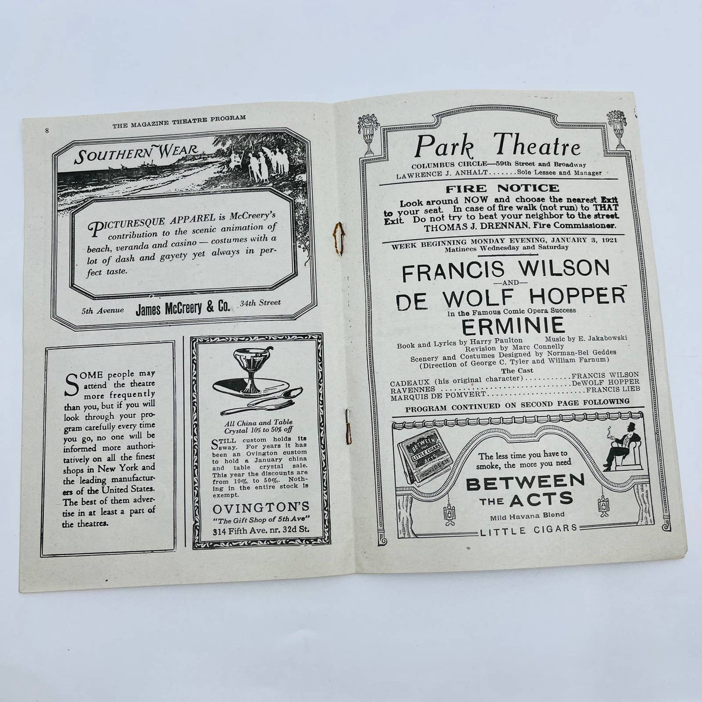 1921 Park Theatre Columbus Circle NY Opera Program ERMINIE Francis Wilson D6