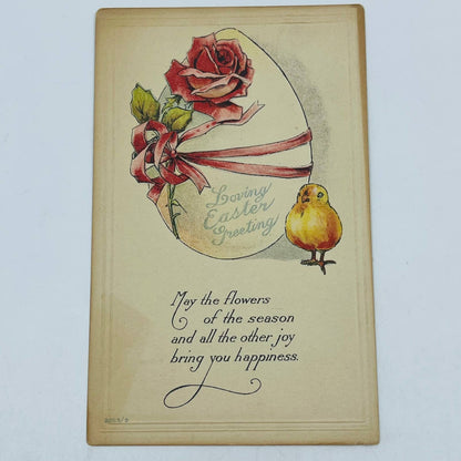 1910s Easter Post Card Embossed Baby Chick Giant Egg Ribbon Rose Poem PA5